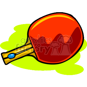 The image shows a cartoon-style illustration of a red ping pong paddle with an orange edge and a brown handle featuring a blue detail, presumably a brand logo or decoration. The paddle is depicted against a yellowish-green abstract shape that could represent motion or a stylized background.