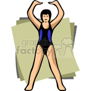 This clipart image features an illustration of a woman in a gymnastics or aerobics pose. She is wearing a leotard that is primarily black with blue accents. The woman is standing with her feet apart and her arms raised above her head, forming a Y shape with her body. The background appears to be abstract shapes in shades of green, possibly representing mats or the floor.