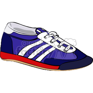 This clipart image features a side view of a single running shoe. The shoe has a blue upper with white stripes, a white lace-up closure, a low-top design, and a red detail on the sole.