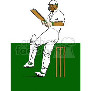 The clipart image shows a cricket batsman in a batting stance wearing pads, gloves, a helmet, and holding a cricket bat, with the wickets close behind him. 