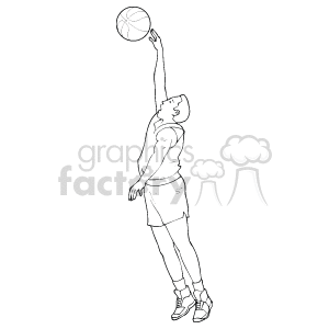 The clipart image depicts a basketball player in the act of reaching up to shoot or dunk the basketball. The player is dressed in sportswear that includes a tank top and shorts, and is wearing athletic shoes. The motion of the player suggests they might be in mid-jump.