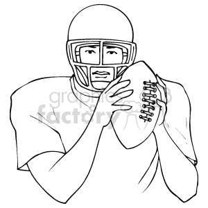 The image is a black and white clipart of a football player. The player is wearing a helmet with a face guard and is holding an American football in their hands, ready to throw it.