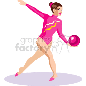The clipart image features a female gymnast performing rhythmic gymnastics. She is wearing a pink and purple leotard with a yellow and pink wave design on it. The gymnast is posed with one leg extended behind her and one arm stretched out to the side holding a pink ball, indicating she might be in the midst of a routine. Her hair is tied back in a bun, and she is on a light grey circular mat.