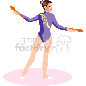 This image depicts a female gymnast performing a routine with clubs. She is wearing a one-piece leotard with decorative patterns, and she is poised on a pink circular mat. The gymnast holds a club in each hand and appears to be in the midst of a performance.