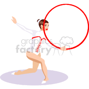 The clipart image features a female gymnast performing a routine with a hoop. She appears to be in a poised position, mid-performance, wearing a leotard with red accents, and has her hair tied back in a bun.