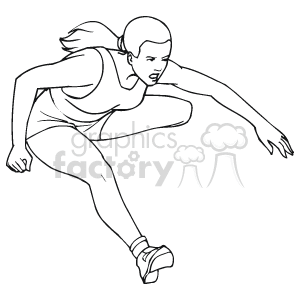 This clipart image features a simplified black and white illustration of a person running. The runner is depicted in mid-stride with one leg extended forward and the other pushing off the ground. The runner is wearing shorts, a sleeveless top, and running shoes. The image conveys motion and athleticism, emphasizing the dynamic nature of running as a sport.