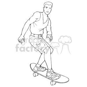 The clipart image depicts a skateboarder who is in the motion of skateboarding. He is standing on a skateboard with one foot on the board and the other foot positioned as if pushing off the ground, a typical stance for propelling the skateboard forward. The skateboarder is wearing casual clothing and sneakers, and appears focused on the act of skateboarding.