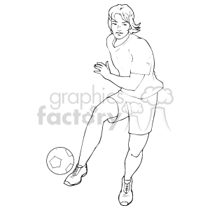 The clipart image shows a person dribbling a soccer ball. The person is depicted in motion, focusing on the ball, wearing a short-sleeved shirt, shorts, and soccer cleats.