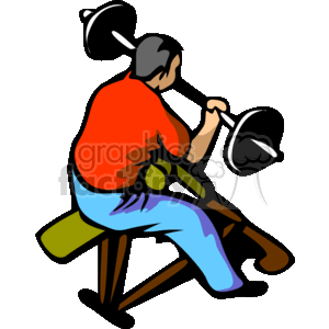 The clipart image depicts a stylized figure sitting on a bench and lifting a barbell overhead in a weightlifting exercise. The image is simplified with bold colors and minimal details to convey the action of weight lifting.