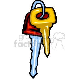This clipart image depicts a set of car keys. There are two keys on a key ring, both are stylized and colorful – one key is yellow with a blue stripe, and the other key is red with a yellow stripe.