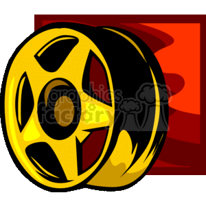 This clipart image features a stylized representation of a car wheel and rim, which are common transportation vehicle parts. The rim has a bold yellow and black design, with a shadow in red giving a sense of depth or motion.