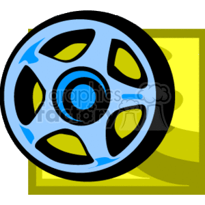The clipart image shows a stylized car wheel, commonly referred to as a rim. It features a blue and yellow wheel design with multiple spokes, typical of what might be seen on a passenger vehicle.