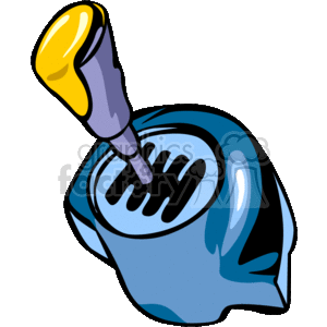 The image is a stylized vector clipart of a manual car gear shifter, also known as a gear stick, transmission stick, or gear selector. It features a yellow knob on top of a purple shifter, which is mounted within a blue housing or boot with a visible shift pattern.