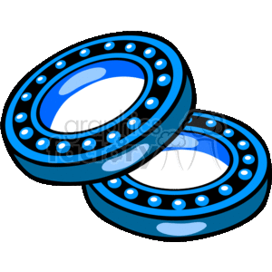 This clipart image depicts two ball bearings, which are a type of rolling-element bearing that uses balls to maintain the separation between the bearing races. They are typically used to reduce rotational friction and support radial and axial loads.