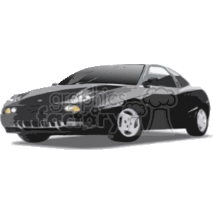The image is a clipart representation of a car. It shows a stylized, two-door automobile with notable features including headlights, a front grill, and wheels with visible rims. The car is depicted in a grayscale color scheme with an emphasis on shading and highlights to suggest a shiny surface.