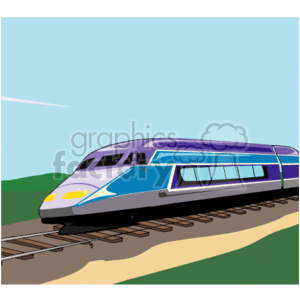 The clipart image shows a modern high-speed train traveling on tracks. The train is depicted in a countryside setting with a backdrop of green hills and a blue sky, and there's a contrail evident in the sky, indicating a plane has recently passed by.
