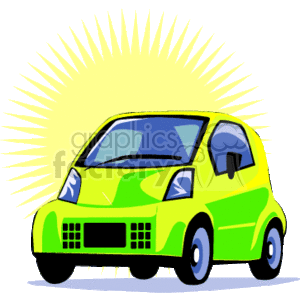 The clipart image shows a small, lime green, two-door compact or hybrid car. There is a stylized sunburst pattern emanating from behind the car, which typically represents eco-friendliness or energy efficiency. The car appears to be a generic representation rather than a specific make or model.
