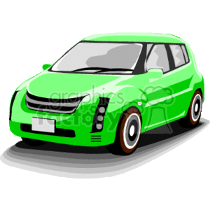 This clipart image depicts a stylized green car. The car is illustrated in a cartoonish manner with emphasized features like the headlights and grille. It appears to be a compact car, presented at a three-quarter front view, showcasing the vehicle's design and profile.