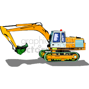 The clipart image depicts an orange and yellow excavator with a green bucket at the end of its articulated arm. The excavator is shown with its boom and arm extended outwards, and it appears to be on tracks suitable for moving over rough terrain typically found at construction sites.