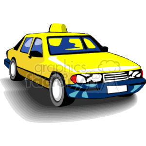 This clipart image shows a cartoon of a yellow taxi cab, typically representing urban transportation. The taxi is depicted in a classic sedan style with a taxi light on the roof.