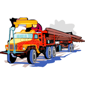 The image depicts a colorful clipart of a heavy construction truck loaded with logs. The truck is designed with multiple axles to support the weight of the timber. The long logs are stacked and secured at the back of the truck, ready for transportation.