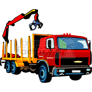 The clipart image depicts a red flatbed truck equipped with a crane on its rear end. The crane has a metal claw or grapple for picking up materials. The truck appears designed for transportation and material handling tasks commonly found on construction sites or in industrial and logistics settings.