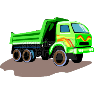The image is a colorful clipart of a green dump truck commonly used in construction and transportation industries for moving large amounts of materials such as dirt, gravel, or demolition debris.