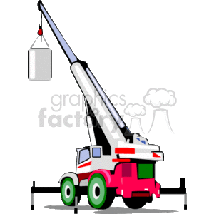 The image shows a mobile crane which is a piece of heavy equipment used in construction for lifting and transporting heavy materials like concrete blocks, steel structures, and other construction materials. The crane includes a boom, which is the extended arm used to lift materials, and is typically mounted on a truck to allow for easy transportation to and from construction sites.