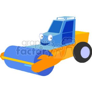 This image depicts a cartoon-style drawing of a steamroller, which is a type of heavy construction equipment used for flattening surfaces during road construction. The steamroller in the clipart appears cheerful and anthropomorphized with eyes and a smile.