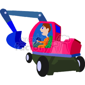 In this clipart image, there is a colorful cartoon representation of a front loader, which is a type of heavy construction equipment. The front loader is shown with a bucket attachment at the front for digging or loading materials. There is an illustrated figure of a person operating the machinery, visible through the glass of the cabin.