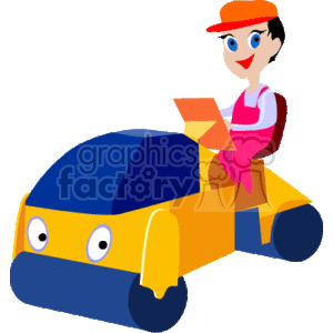 The clipart image depicts a cartoonish representation of a construction worker driving a colorful steamroller. The heavy equipment and construction truck are stylized with human-like characteristics, such as eyes on the steamroller, making it appealing and friendly to a younger audience.