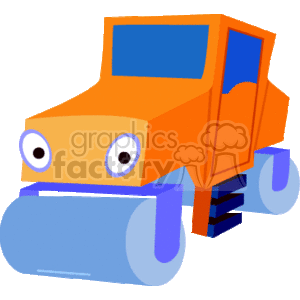 The clipart image shows a stylized, animated steamroller. The steamroller is depicted with a pair of eyes on the front, giving it a lively, anthropomorphic appearance. It appears to be constructed with a bright orange body, a blue rolling drum, and additional blue detailing.