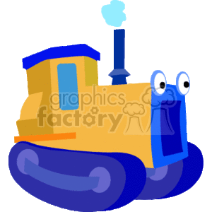 The clipart image depicts a stylized cartoon-like bulldozer. It's a colorful illustration showing a heavy piece of construction equipment with caterpillar tracks, a cabin, and a smokestack emitting a puff of smoke. The bulldozer has large, friendly eyes, giving it a personified appearance often used in educational or children's content. The colors are primarily yellow and blue.