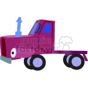 The clipart image depicts a stylized semi-truck or semi-trailer truck, commonly used for transporting freight and heavy cargo in construction or other industries. The truck is shown in profile view, featuring an exaggerated cab with a large windshield and door, an exhaust stack with a puff of smoke, and two visible axles with wheels. The color of the truck is predominantly purple.