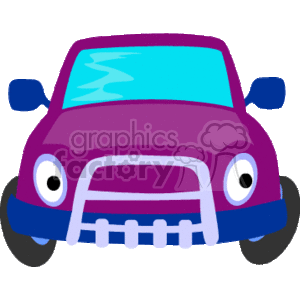 The image depicts a stylized cartoon of a car. The car is purple with blue mirrors and a light blue tint to the windshield. It features a simplistic design with a smiling expression, suggesting that the image is probably aimed at children or for casual, friendly use.