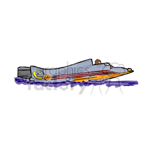 The image shows a clipart illustration of a speedboat in motion on the water. The boat is stylized with a sleek design, featuring prominent red and yellow stripes on its side and a playful dolphin graphic near the bow. The water is depicted as a series of purple waves, suggesting the speedboat is traveling at a high speed. The boat appears to be designed for recreational purposes, and there is a person visible in the driver's seat, suggesting the boat is currently in use.