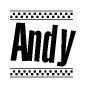 The image is a black and white clipart of the text Andy in a bold, italicized font. The text is bordered by a dotted line on the top and bottom, and there are checkered flags positioned at both ends of the text, usually associated with racing or finishing lines.