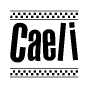 The clipart image displays the text Caeli in a bold, stylized font. It is enclosed in a rectangular border with a checkerboard pattern running below and above the text, similar to a finish line in racing. 