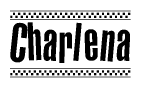 The clipart image displays the text Charlena in a bold, stylized font. It is enclosed in a rectangular border with a checkerboard pattern running below and above the text, similar to a finish line in racing. 
