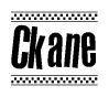 The image is a black and white clipart of the text Ckane in a bold, italicized font. The text is bordered by a dotted line on the top and bottom, and there are checkered flags positioned at both ends of the text, usually associated with racing or finishing lines.
