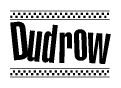 The image contains the text Dudrow in a bold, stylized font, with a checkered flag pattern bordering the top and bottom of the text.