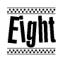 The image is a black and white clipart of the text Eight in a bold, italicized font. The text is bordered by a dotted line on the top and bottom, and there are checkered flags positioned at both ends of the text, usually associated with racing or finishing lines.