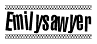 The image is a black and white clipart of the text Emilysawyer in a bold, italicized font. The text is bordered by a dotted line on the top and bottom, and there are checkered flags positioned at both ends of the text, usually associated with racing or finishing lines.
