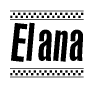The image is a black and white clipart of the text Elana in a bold, italicized font. The text is bordered by a dotted line on the top and bottom, and there are checkered flags positioned at both ends of the text, usually associated with racing or finishing lines.