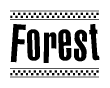 The image is a black and white clipart of the text Forest in a bold, italicized font. The text is bordered by a dotted line on the top and bottom, and there are checkered flags positioned at both ends of the text, usually associated with racing or finishing lines.