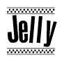The image is a black and white clipart of the text Jelly in a bold, italicized font. The text is bordered by a dotted line on the top and bottom, and there are checkered flags positioned at both ends of the text, usually associated with racing or finishing lines.