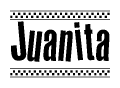 The image contains the text Juanita in a bold, stylized font, with a checkered flag pattern bordering the top and bottom of the text.