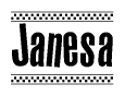 The image is a black and white clipart of the text Janesa in a bold, italicized font. The text is bordered by a dotted line on the top and bottom, and there are checkered flags positioned at both ends of the text, usually associated with racing or finishing lines.