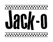 The image contains the text Jack-o in a bold, stylized font, with a checkered flag pattern bordering the top and bottom of the text.