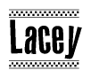 The image contains the text Lacey in a bold, stylized font, with a checkered flag pattern bordering the top and bottom of the text.